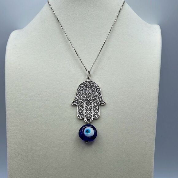 Lucky Hamsa and evil eye pendant necklace 18” boho festival - Picture 1 of 7